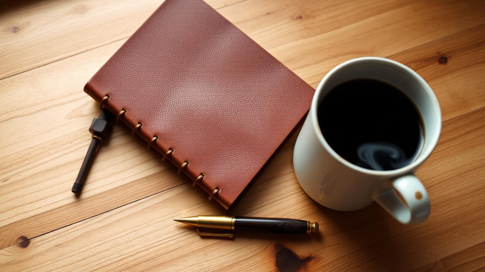 Notebook, pen and morning coffee on a warm wooden desk